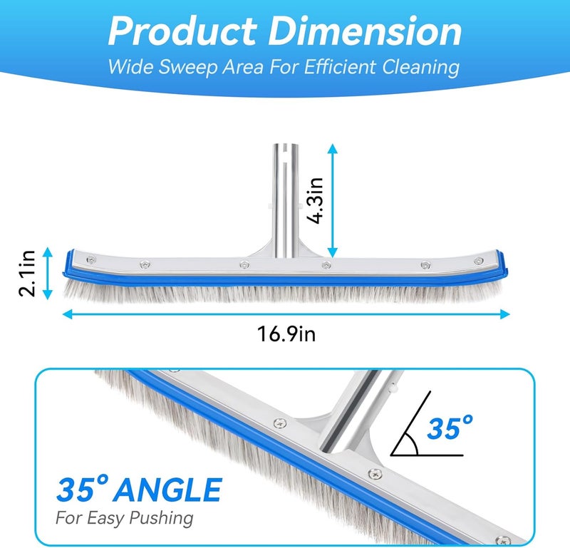 AQUAFLY 18-Inch Heavy Duty Pool Brush – Stainless Steel Wire & Nylon Bristles, Curved Edge Design for Easy Cleaning – Pool Brush Head for Inground & Above Ground Swimming Pools - Image 2